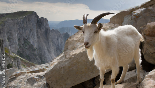Outdoors mug shot mountain goat stands among the rocky cliffs at sunset. © Karo