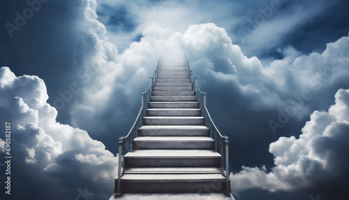 Stairs from clouds leading to the sky with dramatic storm cloud background 