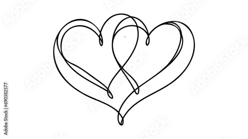 One Continuous line drawing of two hearts with love signs. Thin curls and romantic symbols in simple linear style.