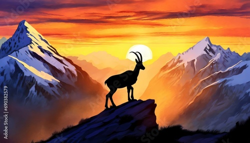 Silhouette of chamois on mountain at sunset.  One rupicapra rupicapra. photo