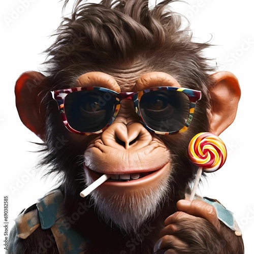 a monkey with sunglasses smoking a lollipopstick in his mouth photo