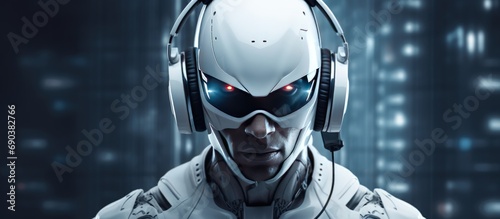 Cyborg with digital eye lens and wireless headphones technology photo