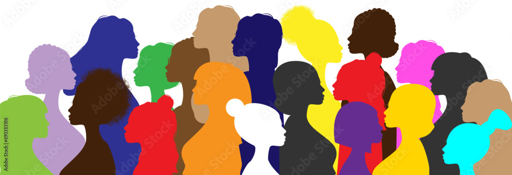 International women's day. Silhouette of girls in different colors.