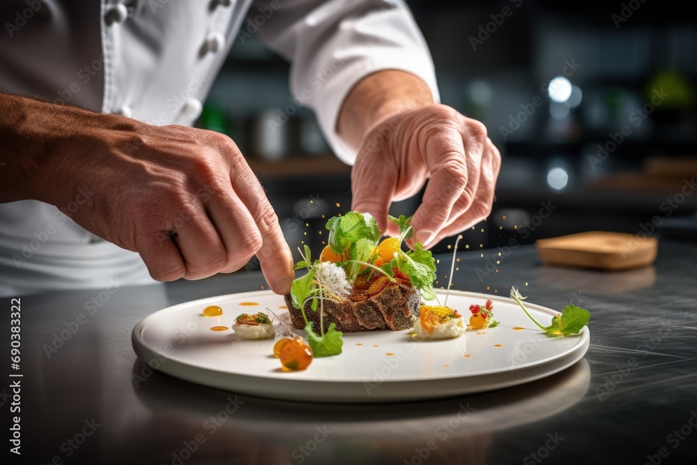 Chef Garnishing Gourmet Dish in Kitchen. Generative AI