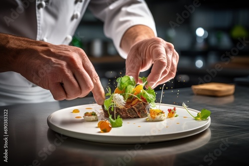 Chef Garnishing Gourmet Dish in Kitchen. Generative AI