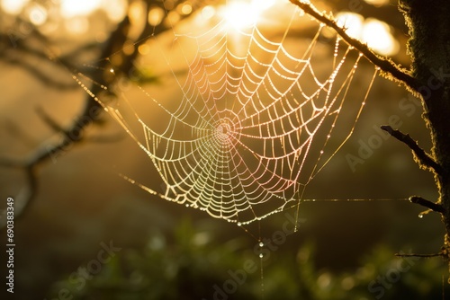 Dew-Covered Spider Web at Sunrise. Generative AI © Ilugram