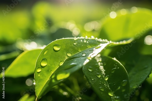 Morning Dew on Fresh Green Leaf. Generative AI