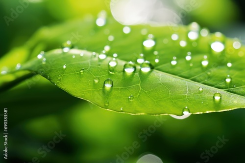 Morning Dew on Fresh Green Leaf. Generative AI