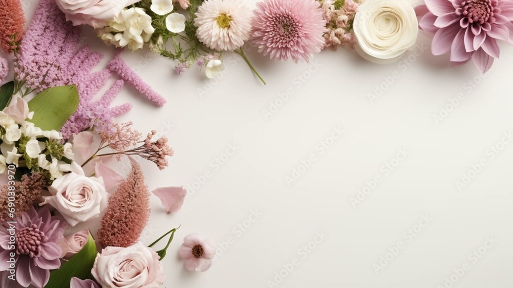 Pink floral flat lay background 