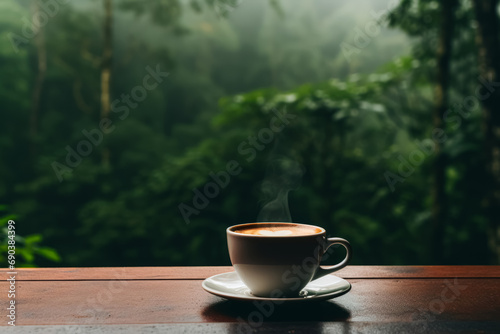 A hot cup of coffee with steam rising, placed on a wooden table with a lush forest in the background.