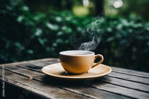 Steaming cup of coffee on a saucer placed on a wooden table, with a lush green backdrop.