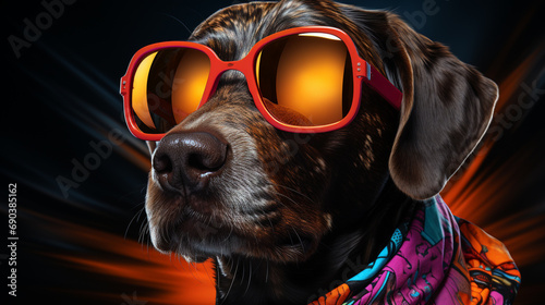 Multicolored neon retro portrait of a dog with glasses. Neon Dog In Glasses. generative ai