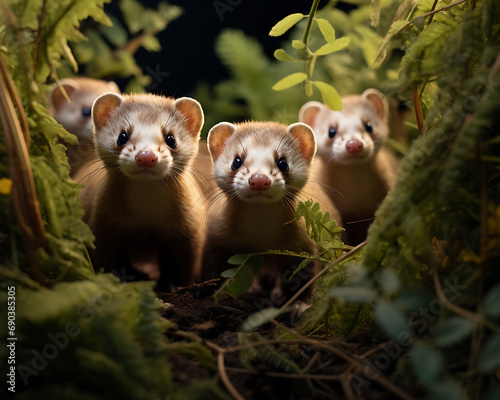 Group of ferrets peeking through foliage in a natural setting ideal for pet care and wildlife themes photo