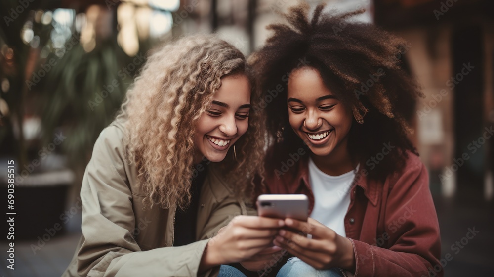 Two young girls friends, one white girl and one black girl,  watch a video on a smartphone and laugh and have fun. Social networks, views, media content background generative ai - obrazy, fototapety, plakaty 