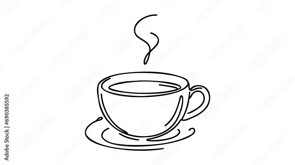 Continuous thin line coffee cup with smoke vector illustration, minimalist sketch doodle for cafe.