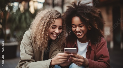 Two young girls friends, one white girl and one black girl,  watch a video on a smartphone and laugh and have fun. Social networks, views, media content background generative ai photo