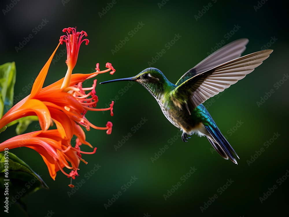 Naklejka premium Hummingbird feeding on orange flower in a vibrant natural setting