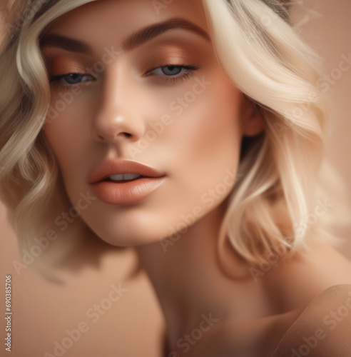 Beautiful blonde woman portrait with natural colored lips. Peach fuzz  the color of the year 2024.  Close-up
