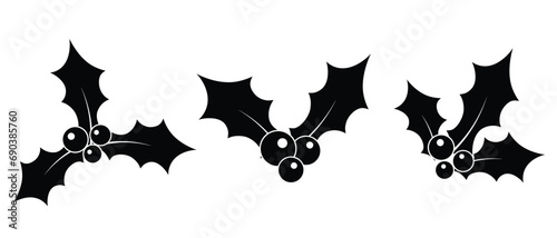 Vector Christmas holly berry flat and silhouette in black color icons collection. Vector design elements for Christmas and new year. Black isolated berries icons set. Isolated on white background.