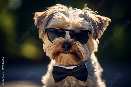 Stylish Yorkshire Terrier wearing sunglasses and bow tie suitable for fashion and pet care industries