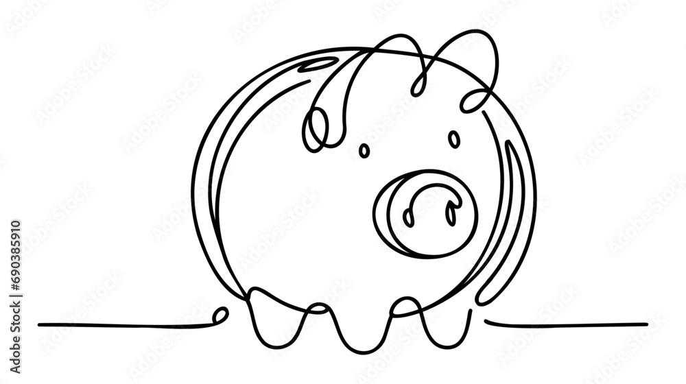 Piggy bank in continuous line art drawing style. Pig moneybox black linear sketch isolated on white background. Vector illustration - obrazy, fototapety, plakaty 