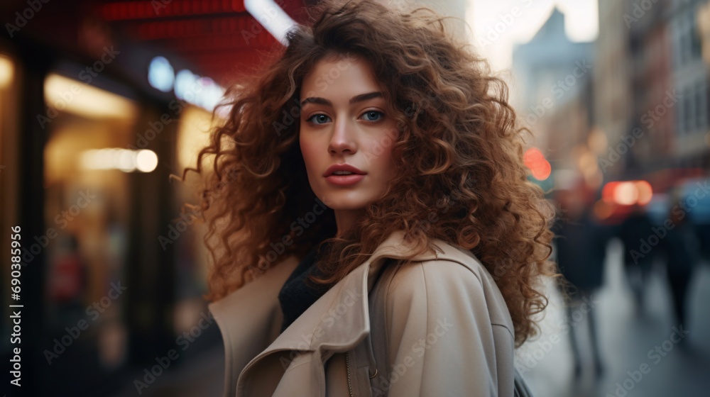 a woman with curly hair walks along the street