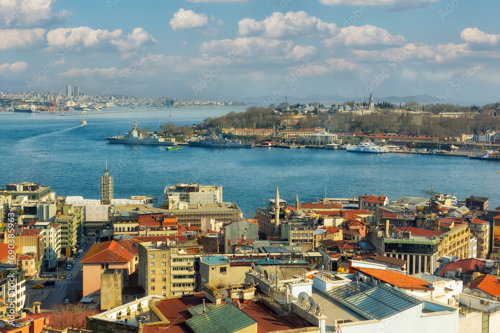 View of Istanbul and the Bosphorus from above on a sunny day.