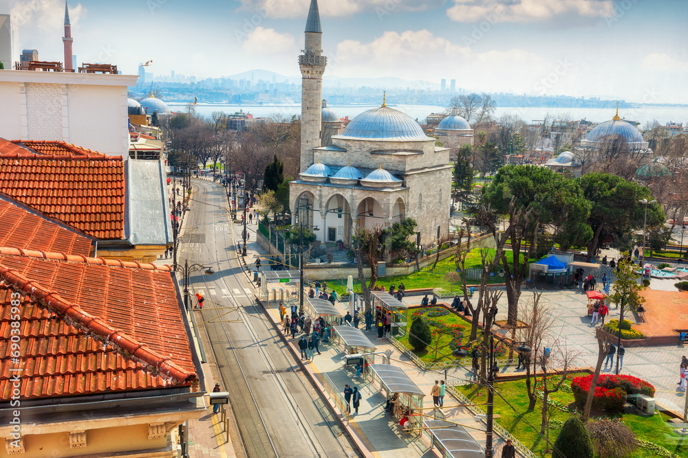 Naklejka premium View of the central historical part of Istanbul on a sunny spring day from above. Central square. Turkey. Istanbul.