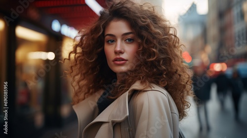 a woman with curly hair walks along the street