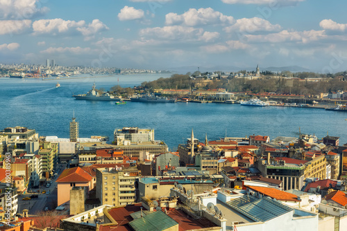 View of Istanbul and the Bosphorus from above on a sunny day.