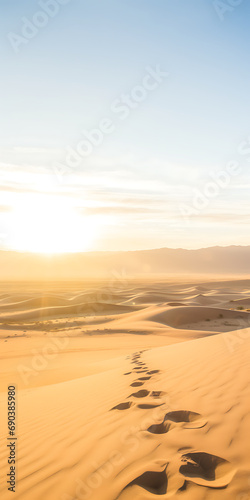Sunset over desert sand dunes with tranquil footprints possible usage in travel adventure or nature-themed displays
