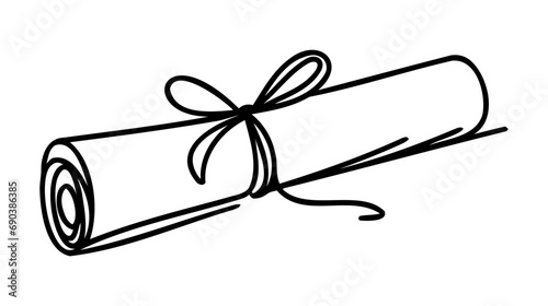 Continuous one line drawing of scroll of paper, certificate or diploma with red ribbon.