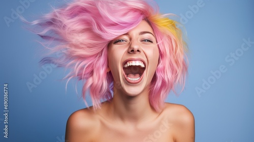 Happy young white woman with colored hair laughs and screams with joy, generative ai