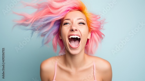 Happy young white woman with colored hair laughs and screams with joy, generative ai