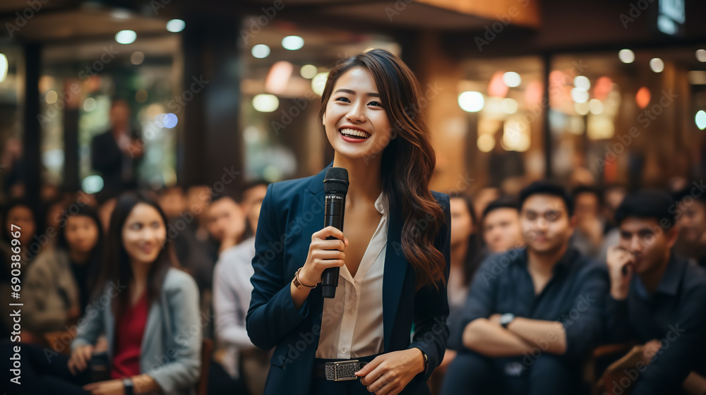 Full body photo of a woman public speaking