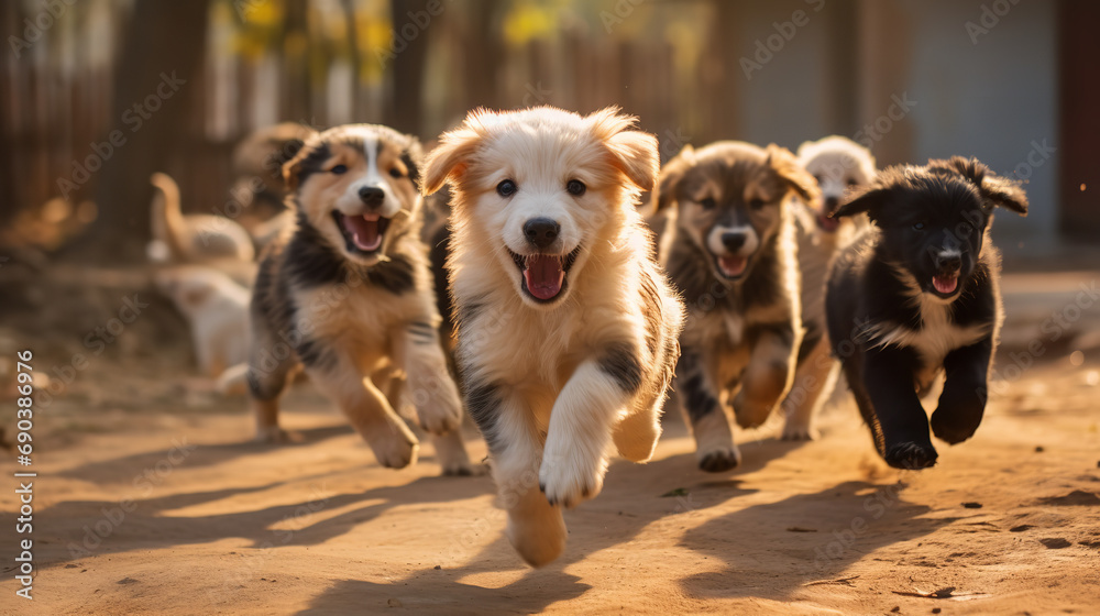 Group of playful puppies interacting in a lively and adorable manner