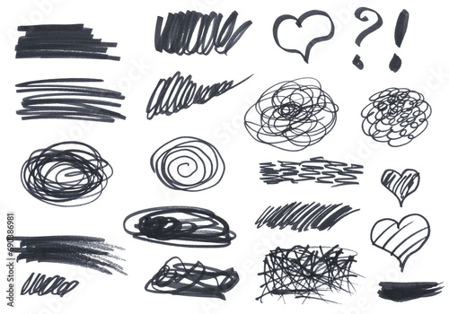 Various black marker shapes on a white background, frame, heart and question mark photo