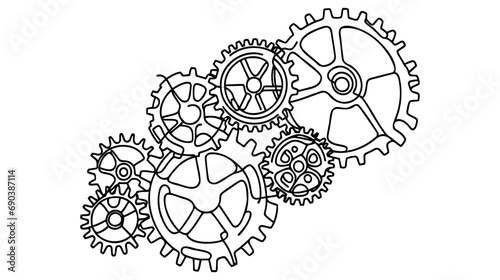 Gears wheel symbol technology, continuous one line drawing. Moving cog gears for business teamwork concept.