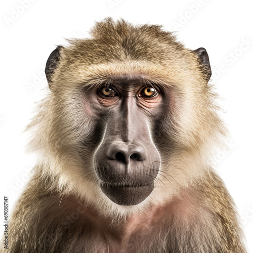 Baboon monkey face shot isolated on transparent background