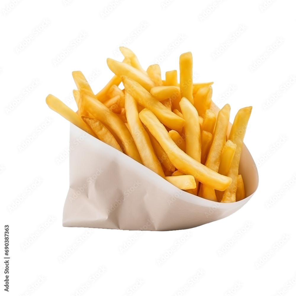 French fries in a white paper wrapper isolated on white French fries in a white paper wrapper isolated on white