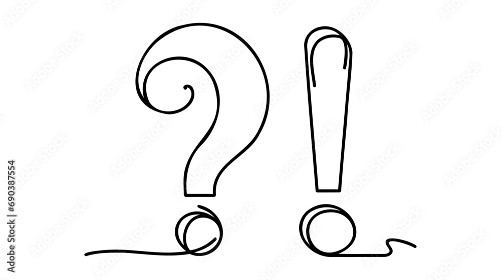Question and exclamation marks one line art, hand drawn asking and admiration signs, continuous contour. Question and exclamation marks one line art, hand drawn asking and admiration signs, continuous contour.