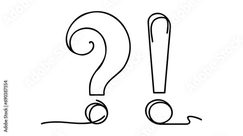 Question and exclamation marks one line art, hand drawn asking and admiration signs, continuous contour.