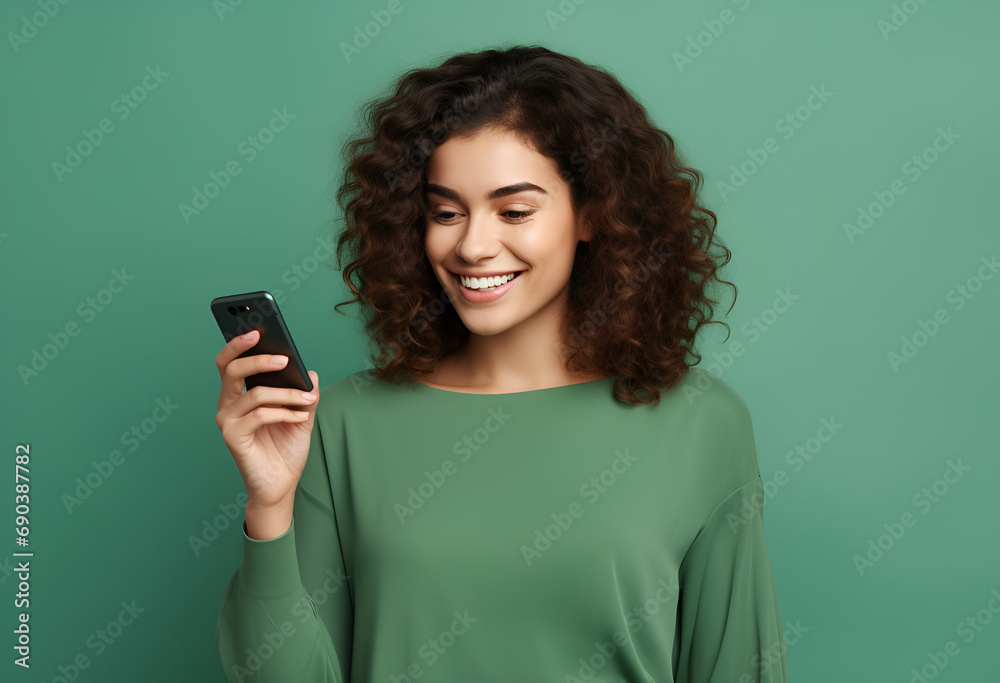 Woman using smart phone for mobile payments online shopping,omni channel,sitting on table,virtual icons graphics interface screen