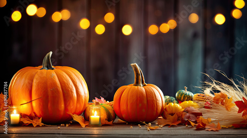 Thanksgiving - Pumpkins And Corncobs On Rustic Table With Garland And Defocused Abstract Lights