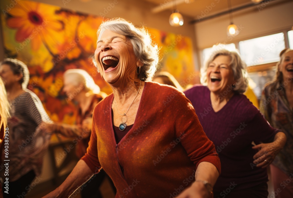 women over 70 laugh and dance during a class installation-based dance program