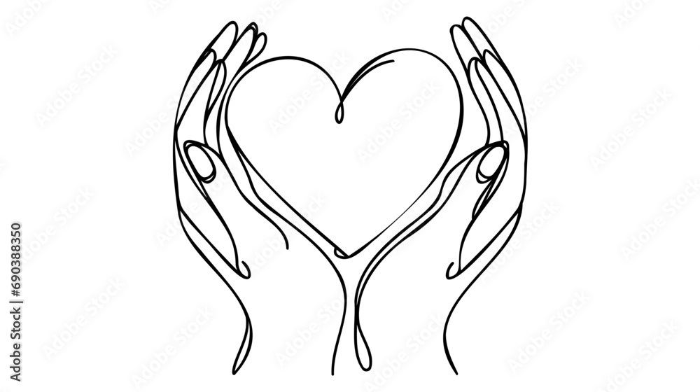 Continuous one line drawing arms holding heart. Charity donation linear concept. Vector isolated on white Continuous one line drawing arms holding heart. Charity donation linear concept. Vector isolated on white