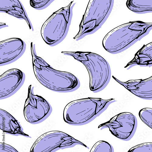 Seamless pattern with eggplants. Vegetable background. Good for textile design, wrapping paper, wallpaper, menu, cafe, etc. Vector illustration.