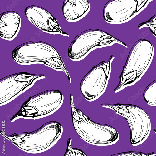 Seamless pattern with eggplants on a purple background. Vegetable background. Good for textile design, wrapping paper, wallpaper, menu, cafe, etc.
Vector illustration.