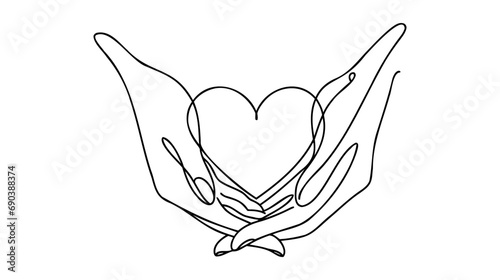 Continuous one line drawing arms holding heart. Charity donation linear concept. Vector isolated on white