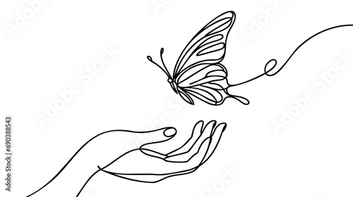 Butterfly flies by hand one line drawing on white isolated background. Vector illustration